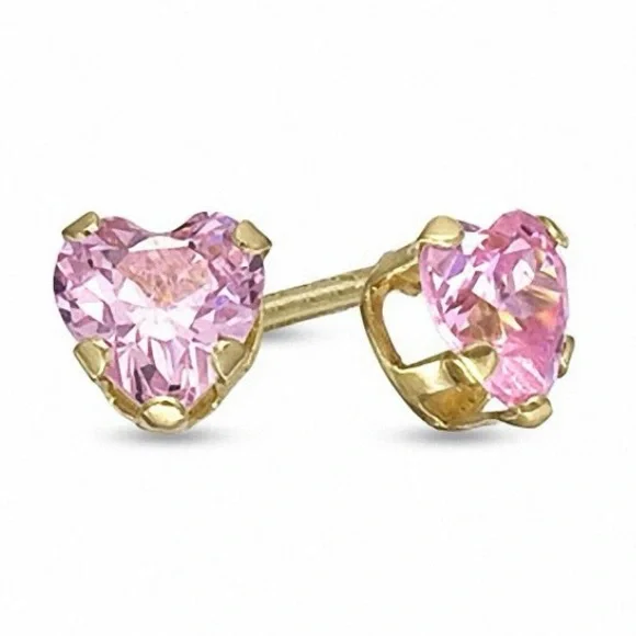 VINTAGE Heart-Shaped Pink Quartz Gem Stone Stud Earrings in Gold approx 1/4” - Picture 3 of 7